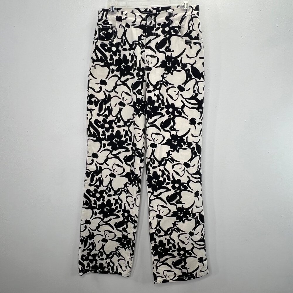 Originality Wide Leg Jeans Floral M Black Cream 29" Waist Loose Baggy High Rise
